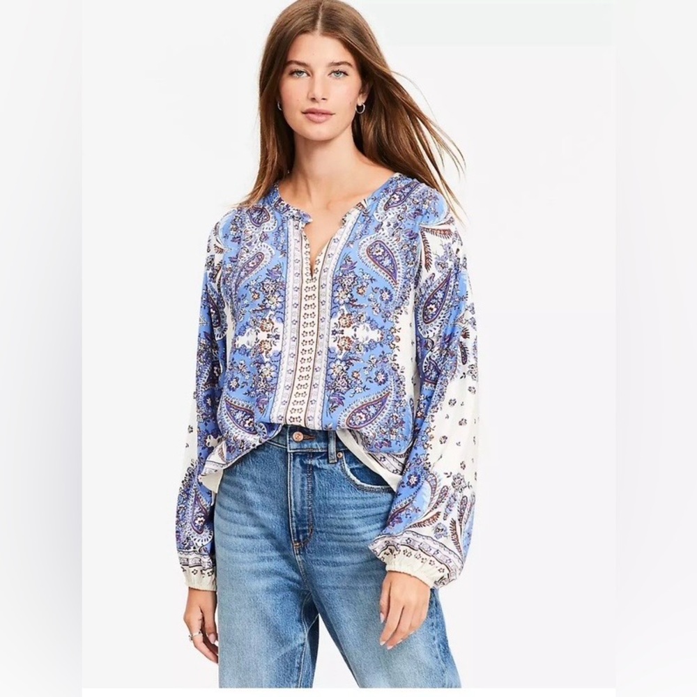 Bandana Print Split Neck Balloon Sleeve Blouse | Large | Blue Yonder